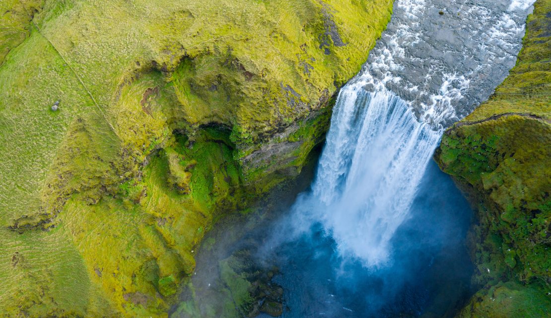 Aerial drone view of Skogafoss waterfall, Iceland